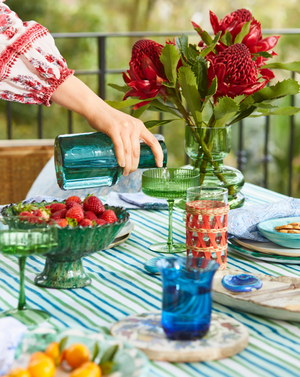 Striped Cotton Tablecloth, Avalon Emerald Cotton Tablecloth, Hamptons Tablecloth, Coastal Tablecloth, Walter G Tablecloth, Interior Collections tablecloth, Block Printed Table Linens, Dining Table Artistry, designer tablecloth, Creative Tables-capes, Elevate Dining Experience, stunning tablecloths, indoor outdoor tablecloths