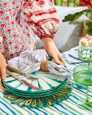 Striped Cotton Tablecloth, Avalon Emerald Cotton Tablecloth, Hamptons Tablecloth, Coastal Tablecloth, Walter G Tablecloth, Interior Collections tablecloth, Block Printed Table Linens, Dining Table Artistry, designer tablecloth, Creative Tables-capes, Elevate Dining Experience, stunning tablecloths, indoor outdoor tablecloths