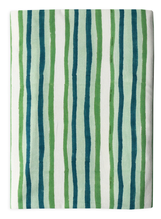 Striped Cotton Tablecloth, Avalon Emerald Design, Walter G Tablecloth, Interior Collections tablecloth, Block Printed Table Linens, Dining Table Artistry, designer tablecloth, Creative Tablescapes, Elevate Dining Experience, stunning tablecloths, indoor outdoor tablecloths