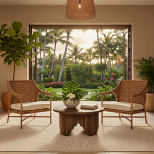 Mud grey rattan armchair suitable for a coastal home