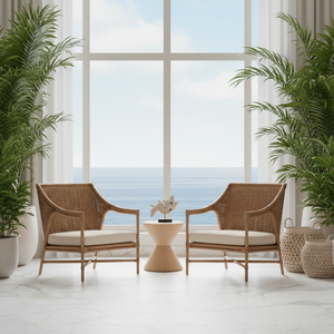 natural brown rattan armchair suitable for a coastal home