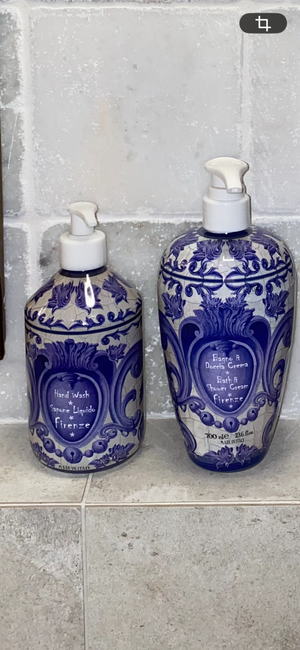 Firenze Body Wash - White Flowers and Amber, Interior Collections, body wash, luxurious body wash, Sydney luxury body wash, Luxury hand soap, luxure diffuser, Dolce and Gabanna type design, blue and white body wash, blue and white hand wash