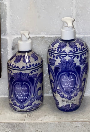 Firenze Body Wash - White Flowers and Amber, Interior Collections, body wash, luxurious body wash, Sydney luxury body wash, Luxury hand soap, luxure diffuser, Dolce and Gabanna type design, blue and white body wash, blue and white hand wash