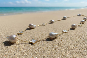 white baroque pearl with 4 leaf clover long necklace