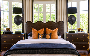 luxury rattan bedhead Australia, coastal bedroom furniture, handcrafted rattan bedhead, Hamptons style bedhead, natural rattan bedhead King Queen, resort style bedroom decor, ethical rattan furniture, modern organic bedroom style, Interior Collections, wave design bedhead, Wisteria Design furniture