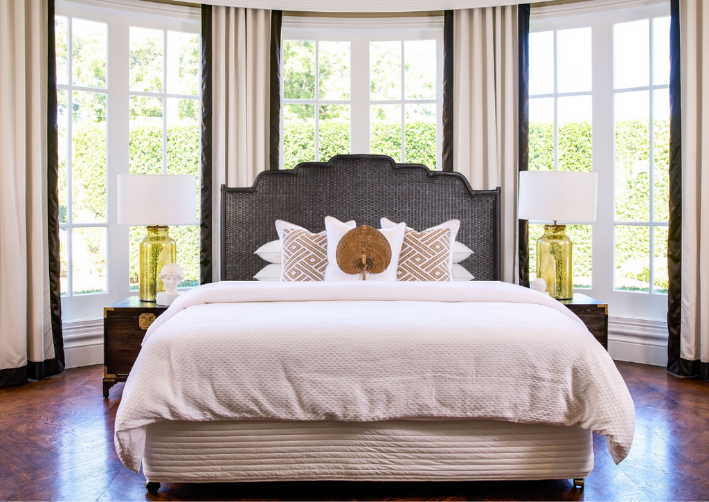 luxury rattan bedhead Australia, handcrafted rattan bedhead, coastal bedroom furniture, Hamptons style bedhead, ethical rattan furniture, resort style bedroom decor, King and Queen rattan bedhead, modern organic bedroom furniture, Interior Collections, Wisteria Design furniture