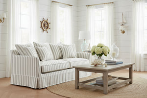 Noosa Hamptons Stripe Sofa in a hamptons home, a luxury slipcover sofa upholstered in beige and white striped fabric, designed for Hamptons, coastal, modern farmhouse and classic Australian living rooms.