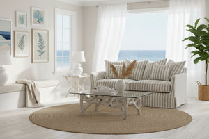 Noosa Hamptons Stripe Sofa in a living room, a luxury slipcover sofa upholstered in beige and white striped fabric, designed for Hamptons, coastal, modern farmhouse and classic Australian living rooms.