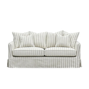 Noosa Hamptons Stripe Sofa, a luxury slipcover sofa upholstered in beige and white striped fabric, designed for Hamptons, coastal, modern farmhouse and classic Australian living rooms.