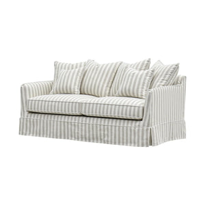 Side view of the Noosa Hamptons Stripe Sofa, a luxury slipcover sofa upholstered in beige and white striped fabric, designed for Hamptons, coastal, modern farmhouse and classic Australian living rooms.