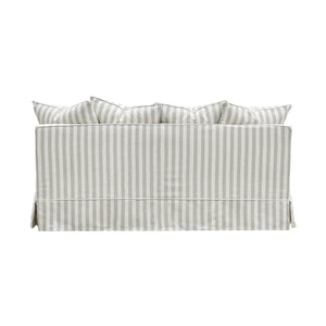 back view of the Noosa Hamptons Stripe Sofa, a luxury slipcover sofa upholstered in beige and white striped fabric, designed for Hamptons, coastal, modern farmhouse and classic Australian living rooms.