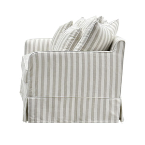 side arm of the Noosa Hamptons Stripe Sofa, a luxury slipcover sofa upholstered in beige and white striped fabric, designed for Hamptons, coastal, modern farmhouse and classic Australian living rooms.