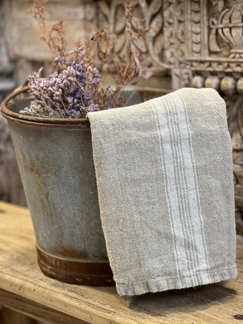 Rustic Stone Washed Linen Tea Towel - centre stripe