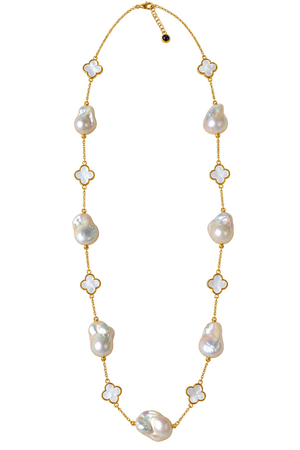white baroque pearl necklace with 4 leaf clovers.