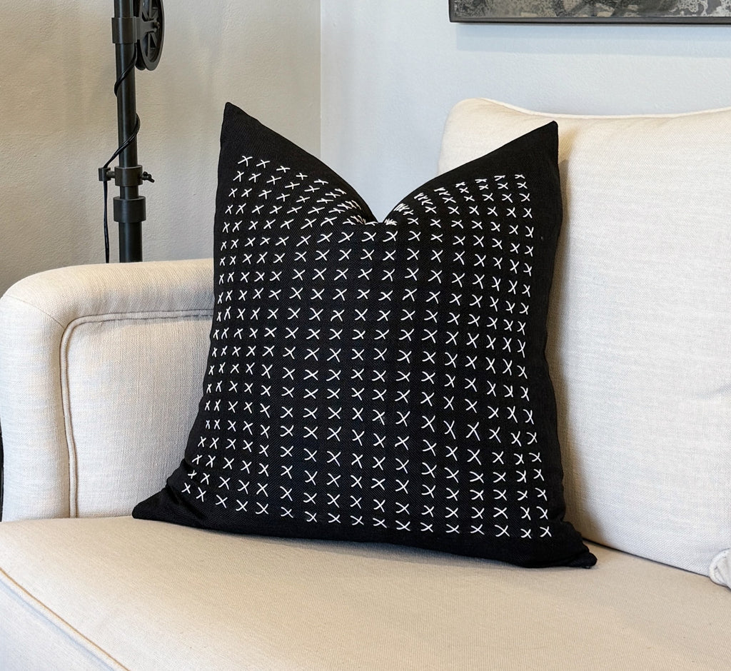 Black and white cross stitch cushion, black and white cushion, contemporary black cushion, classic black cushion, Interior Collections, black cushion cover, classic chic cushion