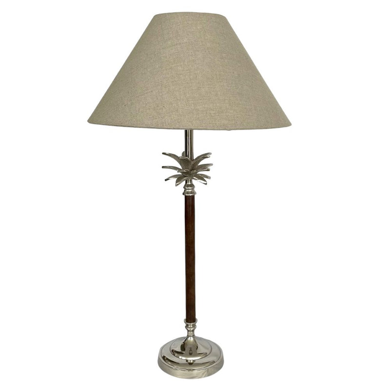 NICKEL/WOOD PALM LAMP W/NAT LINEN SHADE