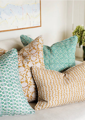 Marbella Saffron linen cushion, Marbella saffron cushion, Iznik saffron cushion Walter G, Interior collections, hand block printed cushions, block printed cushions.