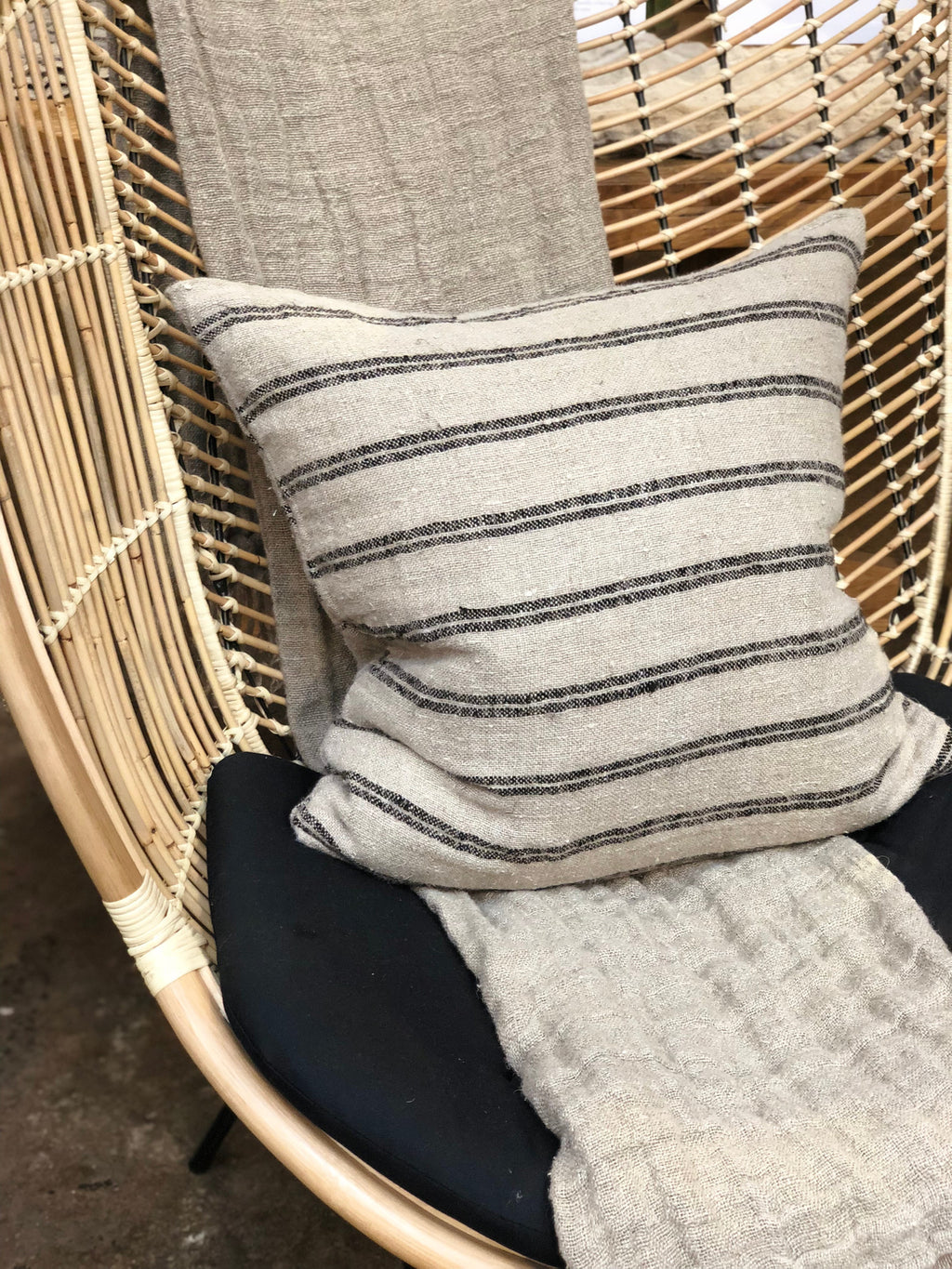 Rustic Black Striped Linen Cushion with feather insert - 60cm