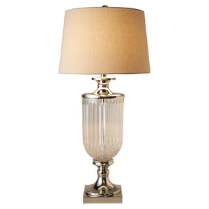 BELLEVUE GLASS NICKEL LAMP WITH NATURAL LINEN SHADE