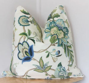 Malmsbury Sapphire Interior Collections, Hamptons Blue Green Floral Cushion, Hamptons cushion, Hamptons floral cushion, Malmsbury Sapphire Warwick fabric