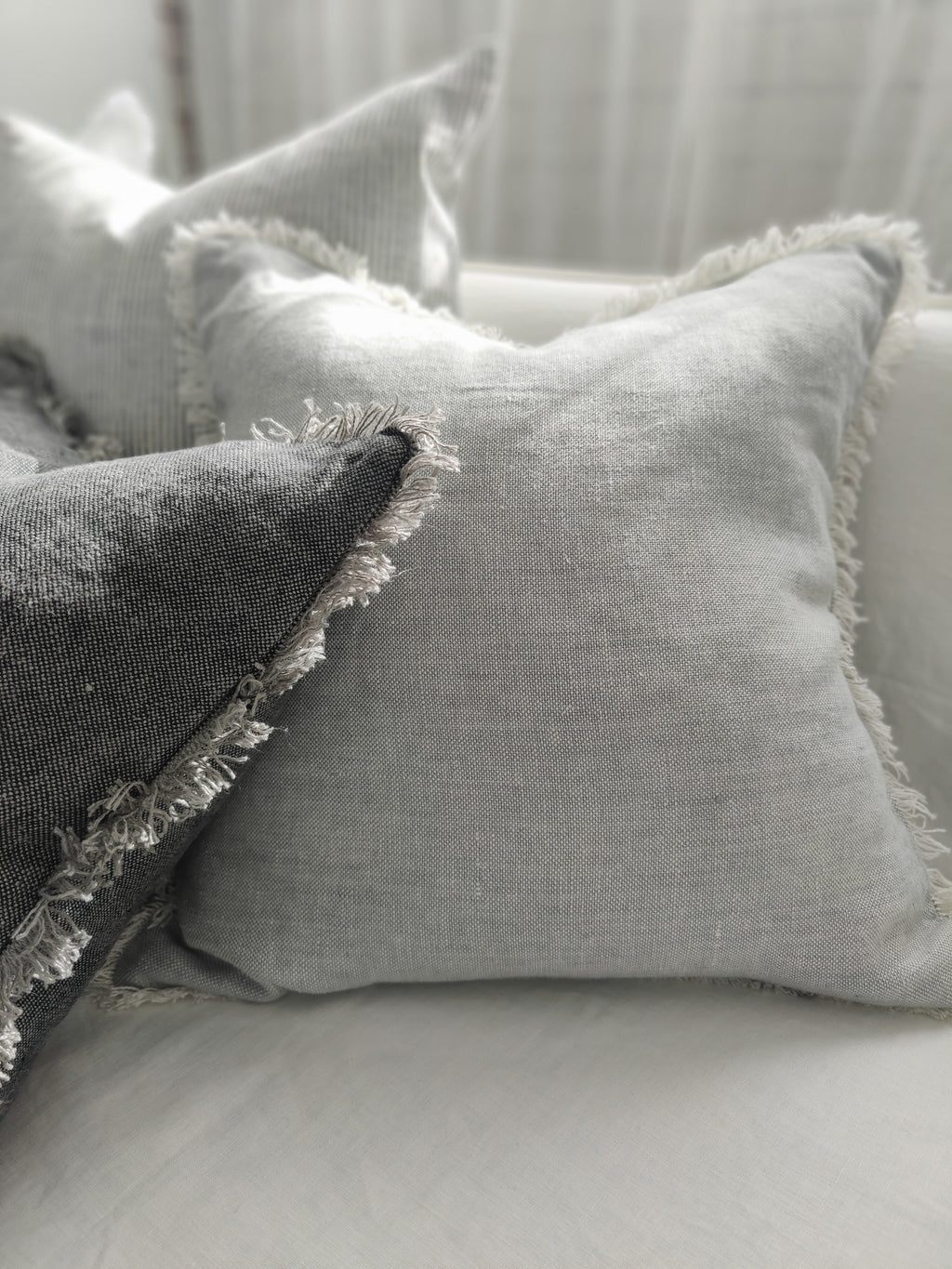Heavy French Linen Pale Blue Fringed Cushion