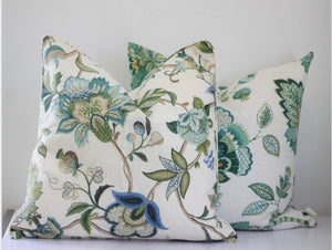 Malmsbury Sapphire Interior Collections, Hamptons Blue Green Floral Cushion, Hamptons cushion, Hamptons floral cushion,  Malmsbury Sapphire Warwick fabric