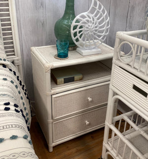 Baxter Bedside Table, Interior Collections, Makaro Bay Bedside table, white rattan bedside table, rattan bedside table, Searles