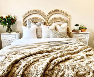 palm rattan bedhead, rattan bedhead, palm bedhead, boho bedhead, natural rattan bedhead, interior collections bedhead, hamptons bedhead, resort style bedhead