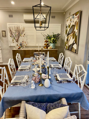 Coastal hamptons tablecloth, linen tablecloths, 100% linen tablecloths, coastal blue tablecloth, hamptons tablecloth, duckegg blue tablecloth, Interior Collections tablecloth, , Dining Table Artistry, designer tablecloth, Creative Tablescapes, Elevate Dining Experience, stunning tablecloths, indoor outdoor tablecloths